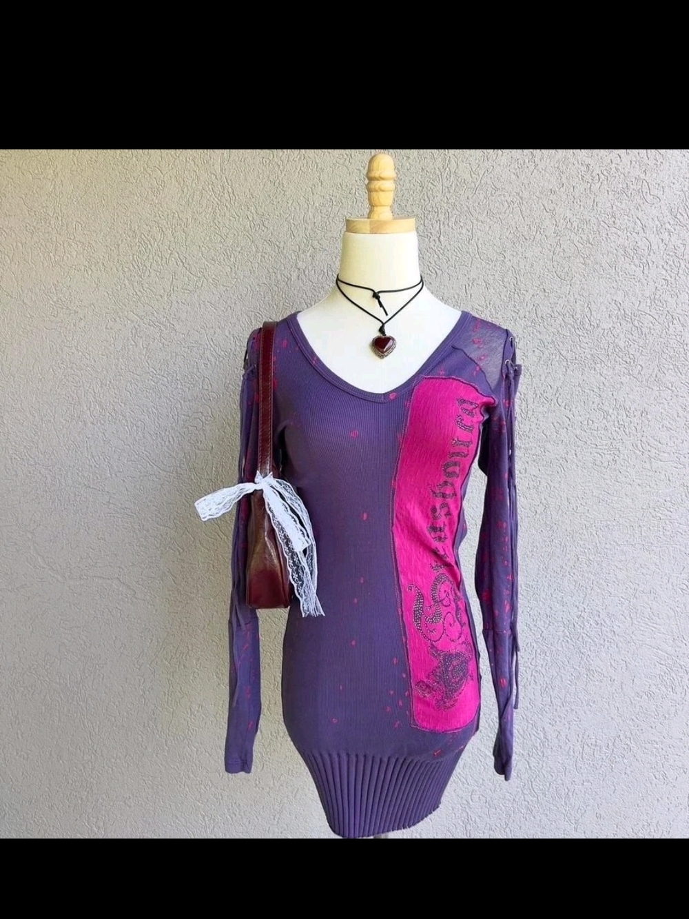NWOT Salvage Rare Pink & Purple Mini Dress With Mesh Lace-Up Sleeves. M